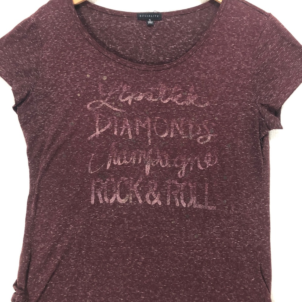 Socialite Womens XL Maroon Space‎ Dye Graphic Tee Rock & Roll Glitter Top 69501M